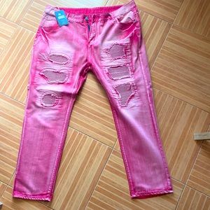 Red faded, distressed jeans. Size 40, 32